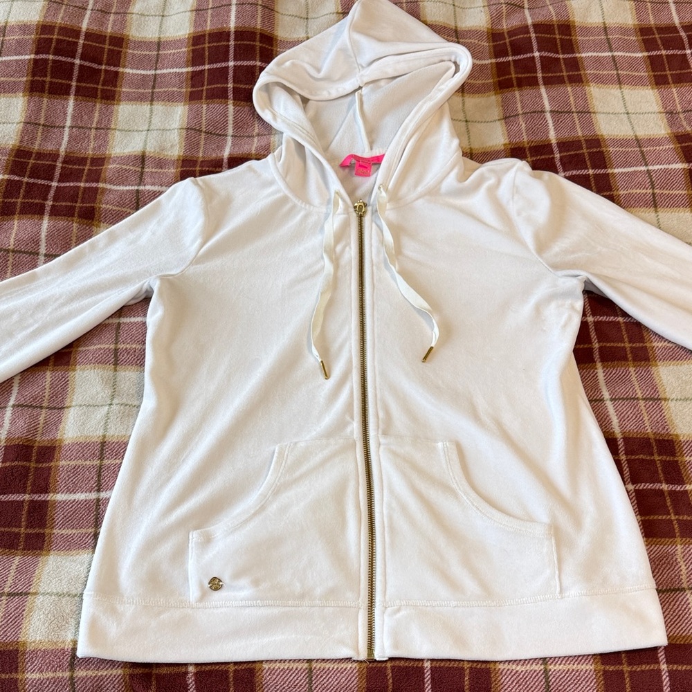 Lilly Pulitzer Larina Medium Velour White Hooded Jacket Zip Up Hoodie